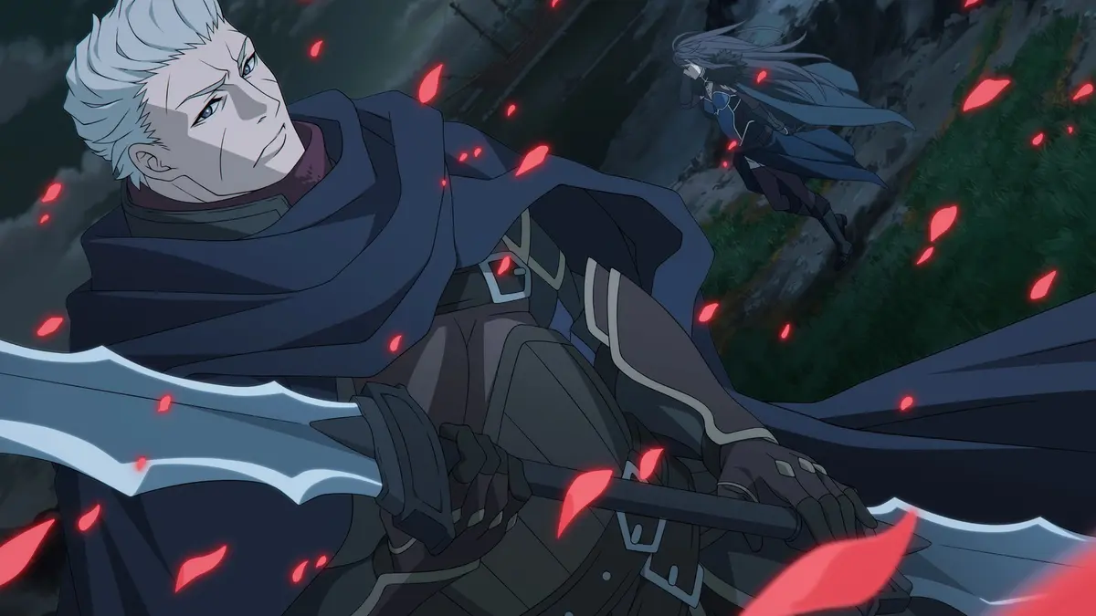The white-haired mercenary Zig turns mid-swing with his greatsword raised, red petals scattering across the frame as the witch Siasha flies past the cliff behind him.