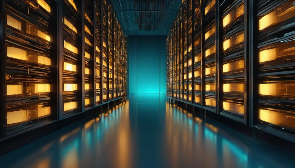 A stack of glowing translucent blue code plates in a dark server room, one plate cracked with a thin amber line of light escaping