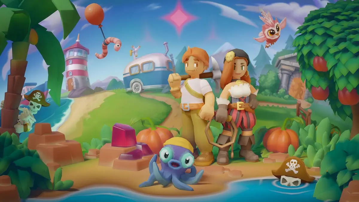 Luma Island key art showing two adventurers standing on an island path with an octopus creature, a blue caravan, a striped lighthouse, a wrecked pirate ship, gemstones, pumpkins and a pink sky.