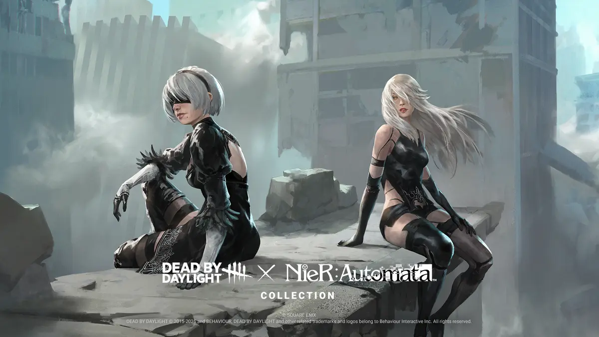 Key art for the NieR:Automata Cosmetic Collection in Dead by Daylight, showing 2B, A2 and Emil against the game's fog-lit horror backdrop