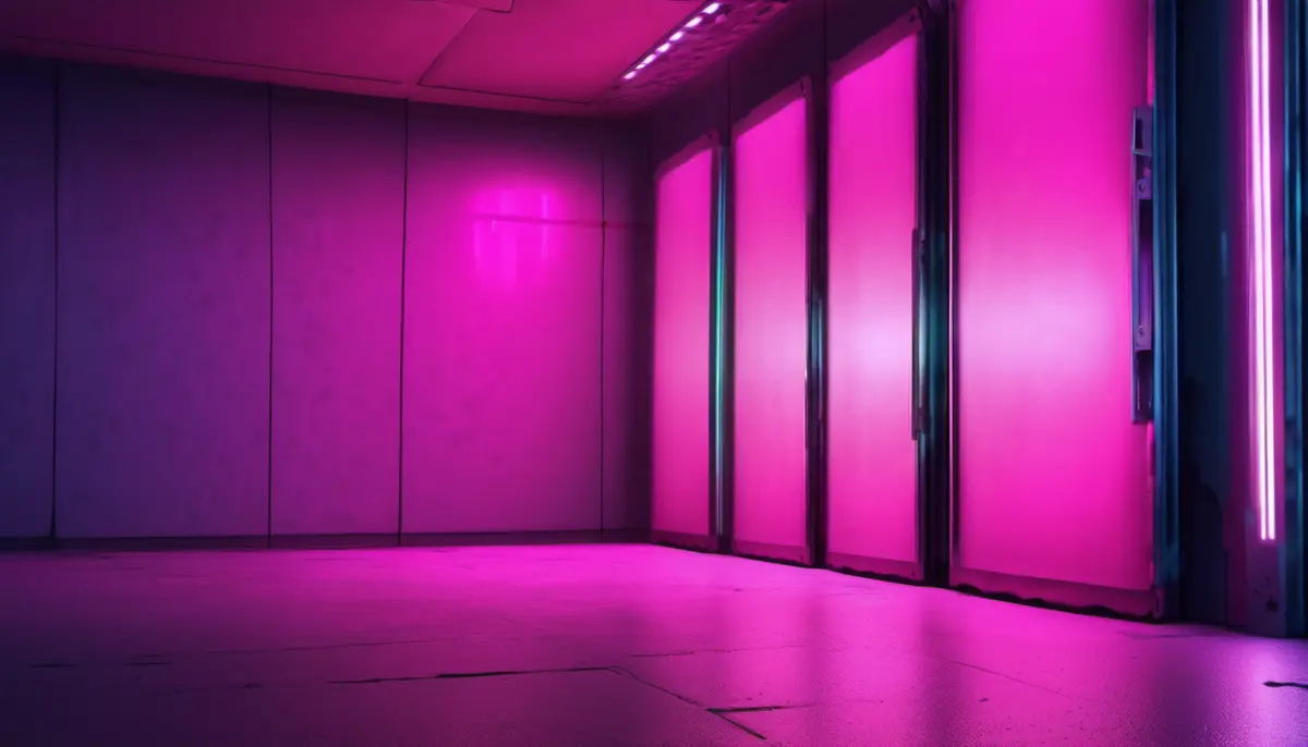 A dim data-centre aisle lit in hot magenta, with one rack door standing open and its panel cracked, spilling violet light across a wet concrete floor