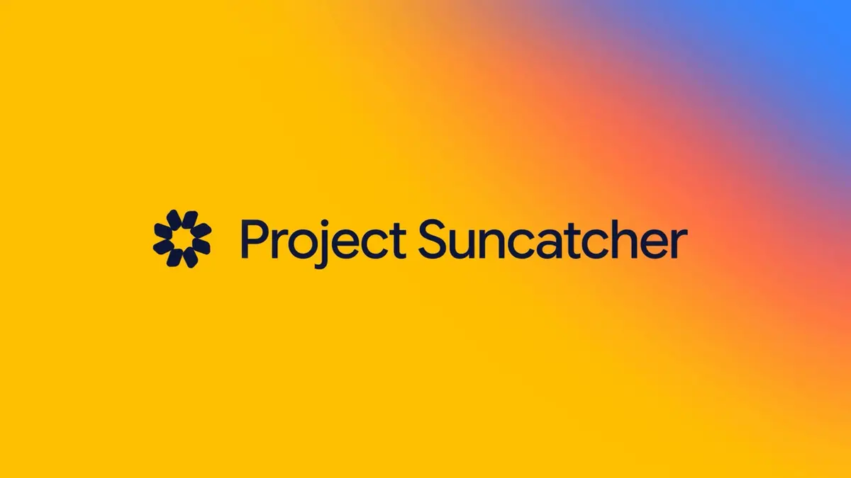 The Project Suncatcher wordmark in dark navy next to Google's flower logo, set on a gradient that shades from yellow through orange to blue.
