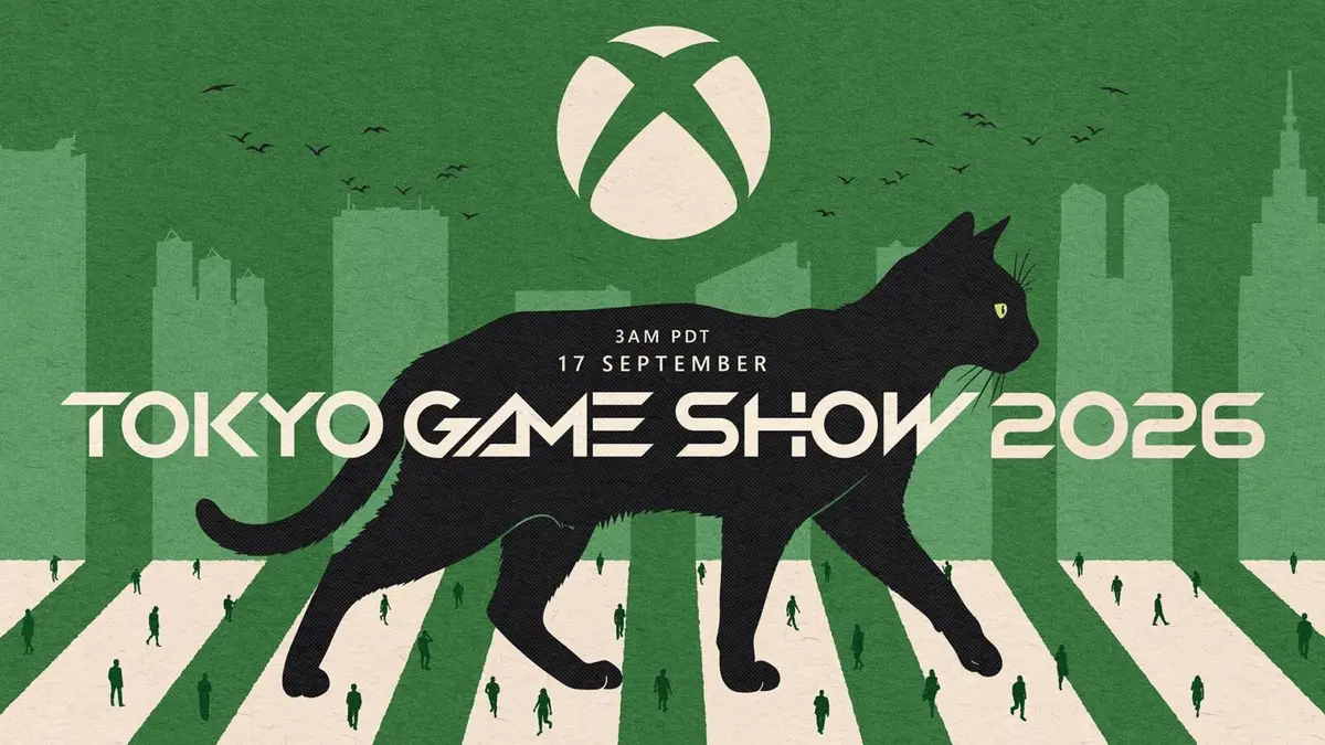 Supplied Xbox artwork for the 2026 Tokyo Game Show broadcast, showing the Xbox logo above a city skyline and a black cat.