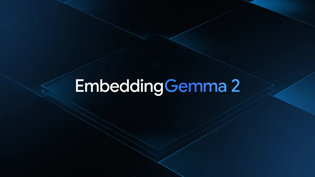 The EmbeddingGemma 2 wordmark in white and blue on a dark geometric background