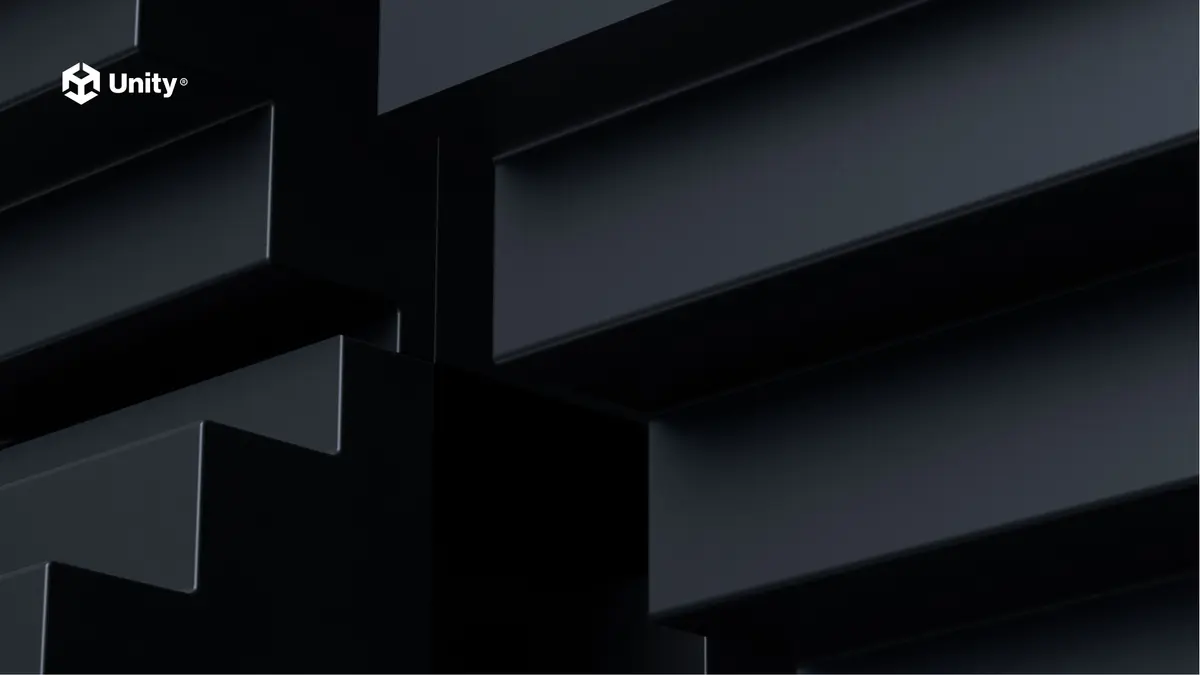 Unity's dark brand artwork, with the white Unity logo in the upper-left corner above stepped, layered blocks of near-black grey