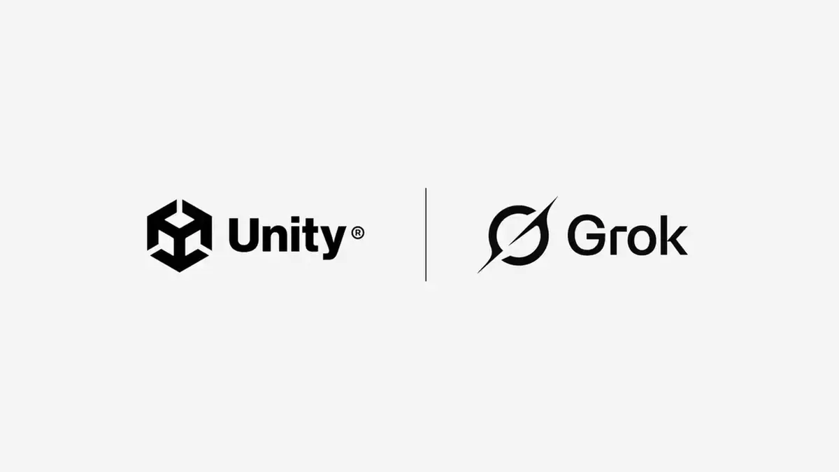 The Unity and Grok logos side by side, divided by a thin vertical rule, on a light grey background
