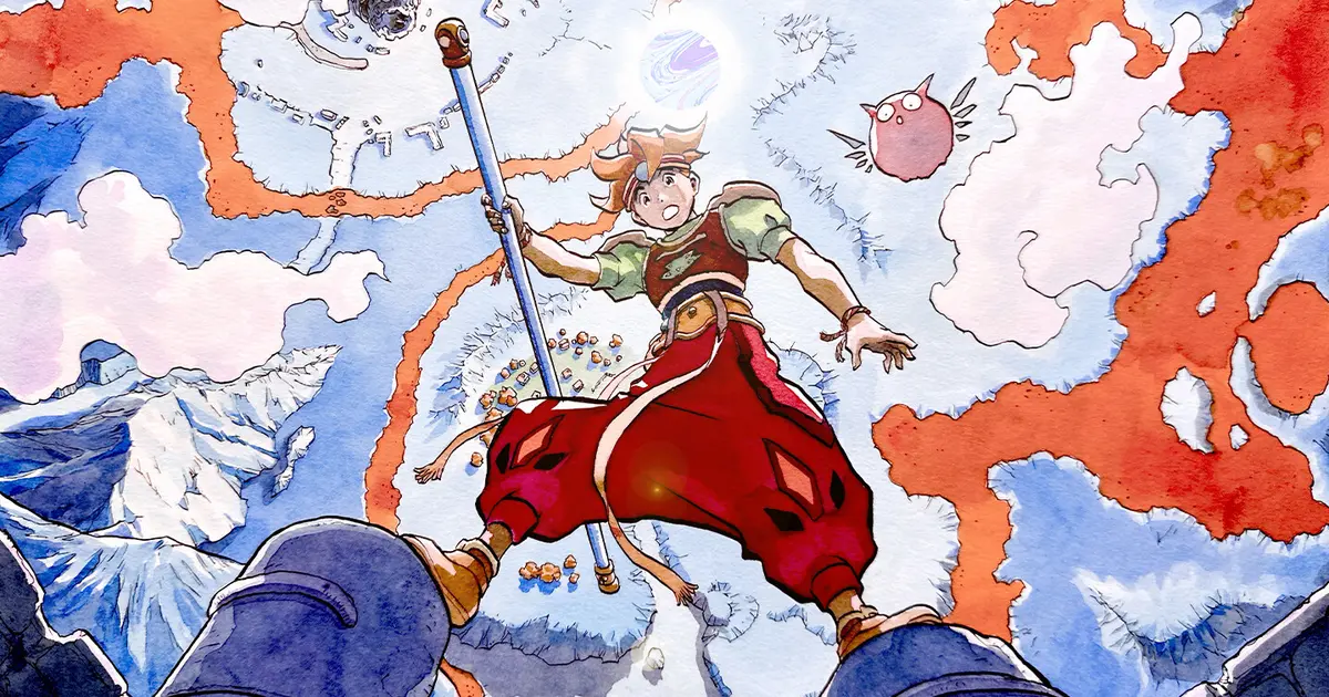 Ark, the spiky-haired hero of Terranigma, leaps across a watercolour map of a fantasy world with his spear in hand, a round pink enemy flying past him and red and blue continents spread out beneath his feet.