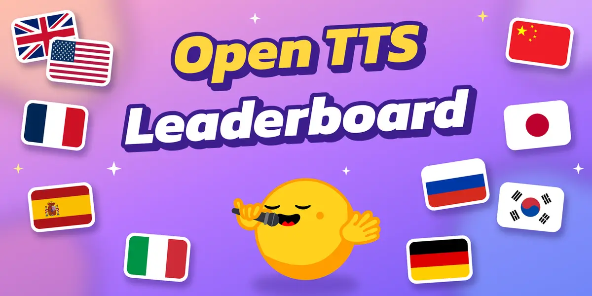 A graphic reading Open TTS Leaderboard against a purple background, ringed by national flags and a yellow singing emoji holding a microphone