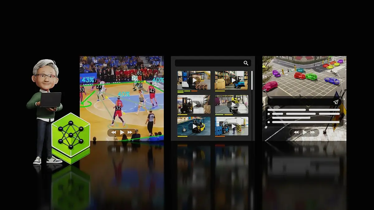 A figure holding an NVIDIA-branded chip beside three side-by-side video analytics views: a basketball court with player tracking overlays, a grid of warehouse camera feeds and a car park with vehicle detection boxes