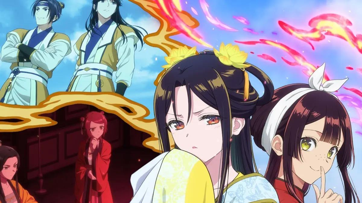 Reirin in a yellow court robe and Keigetsu in red stand side by side in front of a palace courtyard, with Reirin's two brothers in white and gold robes above them and festival revellers behind to the left
