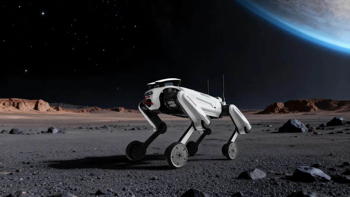 Astrall Hypertron quadruped robot in an industrial setting, centred with negative space