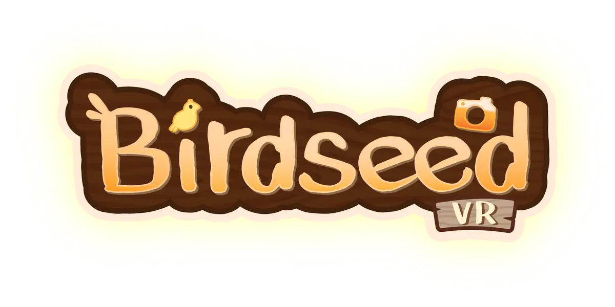 The Birdseed VR key art: a carved wooden wordmark with a small yellow bird and a camera icon set on a pale yellow background.