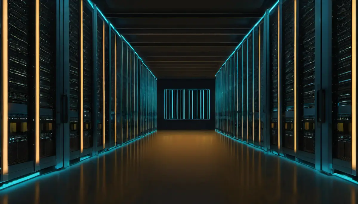 A dark data-centre aisle with tall server racks receding on both sides, lit by teal and amber light strips, and a single glowing cyan panel standing out at the far end.