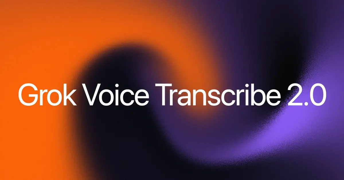 Branded key art for Grok Voice Transcribe 2.0, with the model name in white type across a dark orange and violet gradient