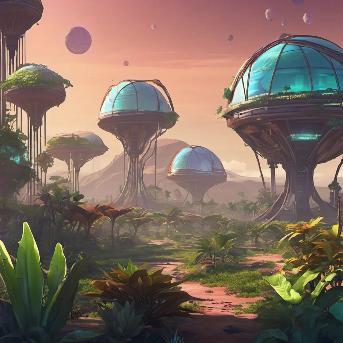 A restored solarpunk planet glows with ecological domes, plants and wildlife in BioEden.