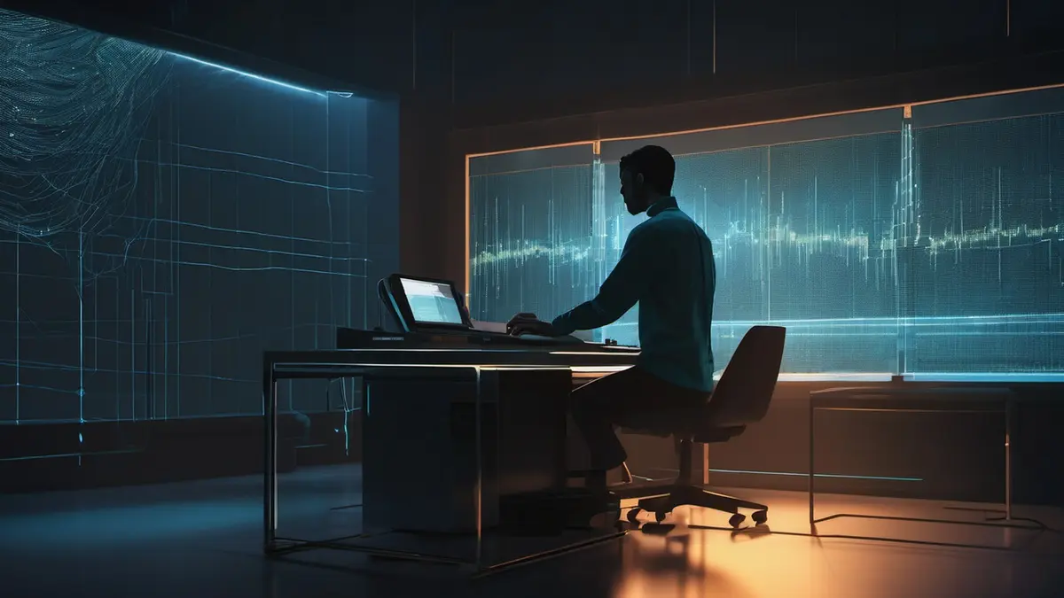 Abstract editorial illustration of a dark monitoring console, with a humanoid silhouette of glowing data threads suspended above it and one thread pulled aside to reveal a hidden layer.