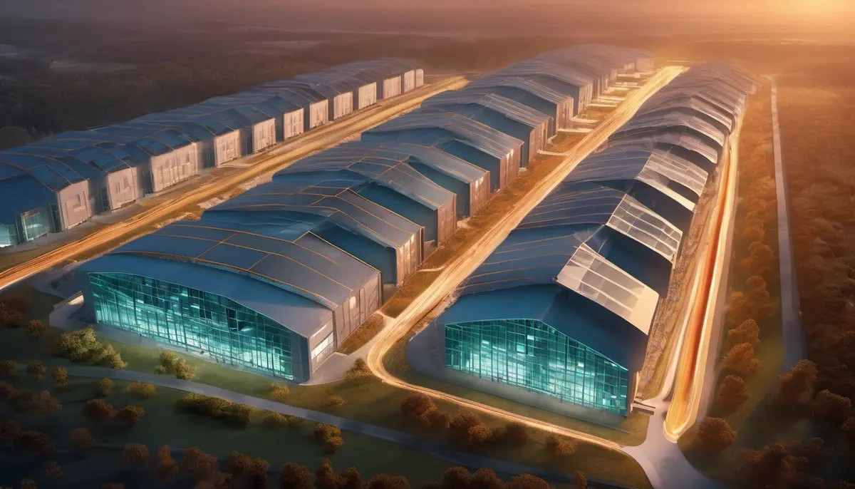 An aerial dusk view of a vast AI data centre campus with long grey halls, power lines and an amber sunset behind a rising curve of light