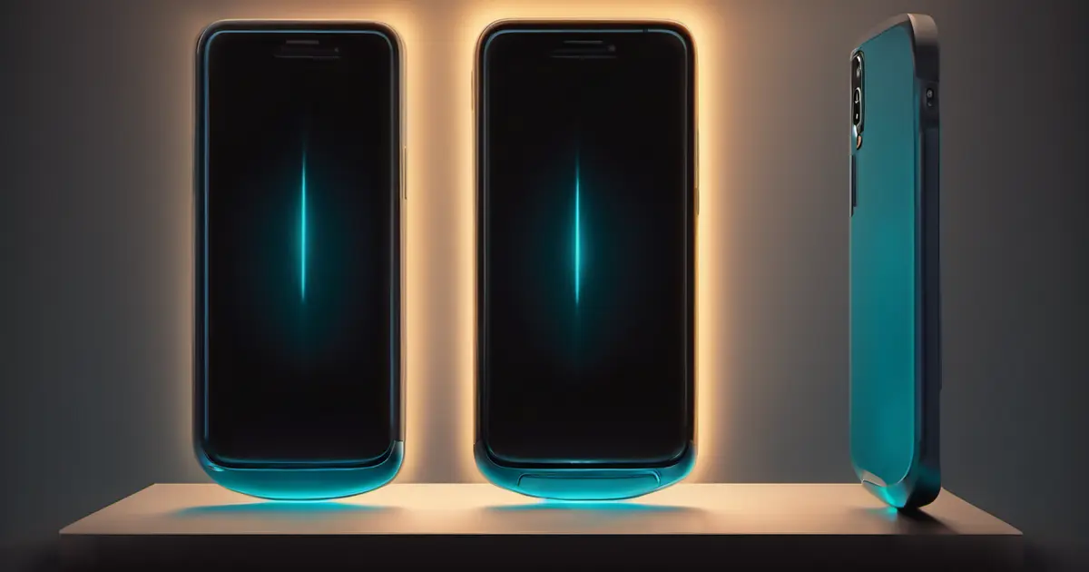 An unbranded dark smartphone standing beside two others on a lit pedestal, its base glowing cool cyan with a warm amber halo behind it.