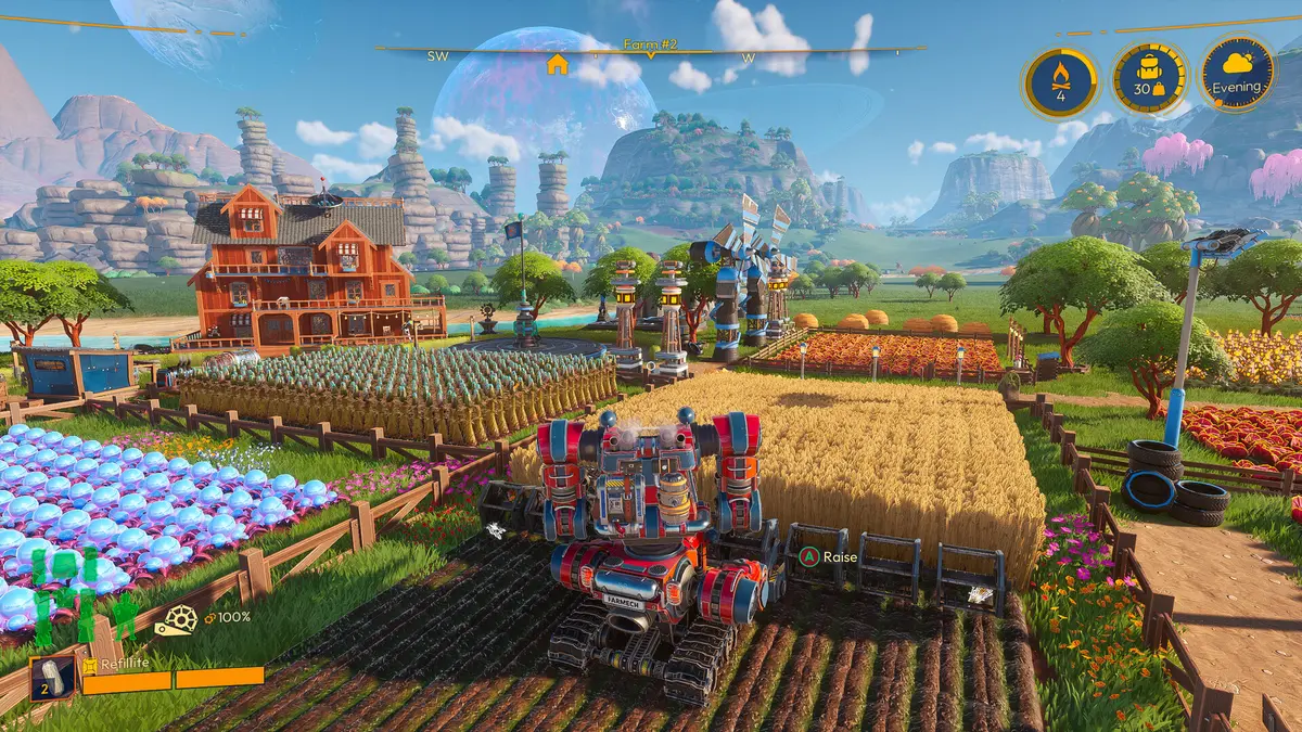A mech tending crop beds on a colourful alien farm in Lightyear Frontier