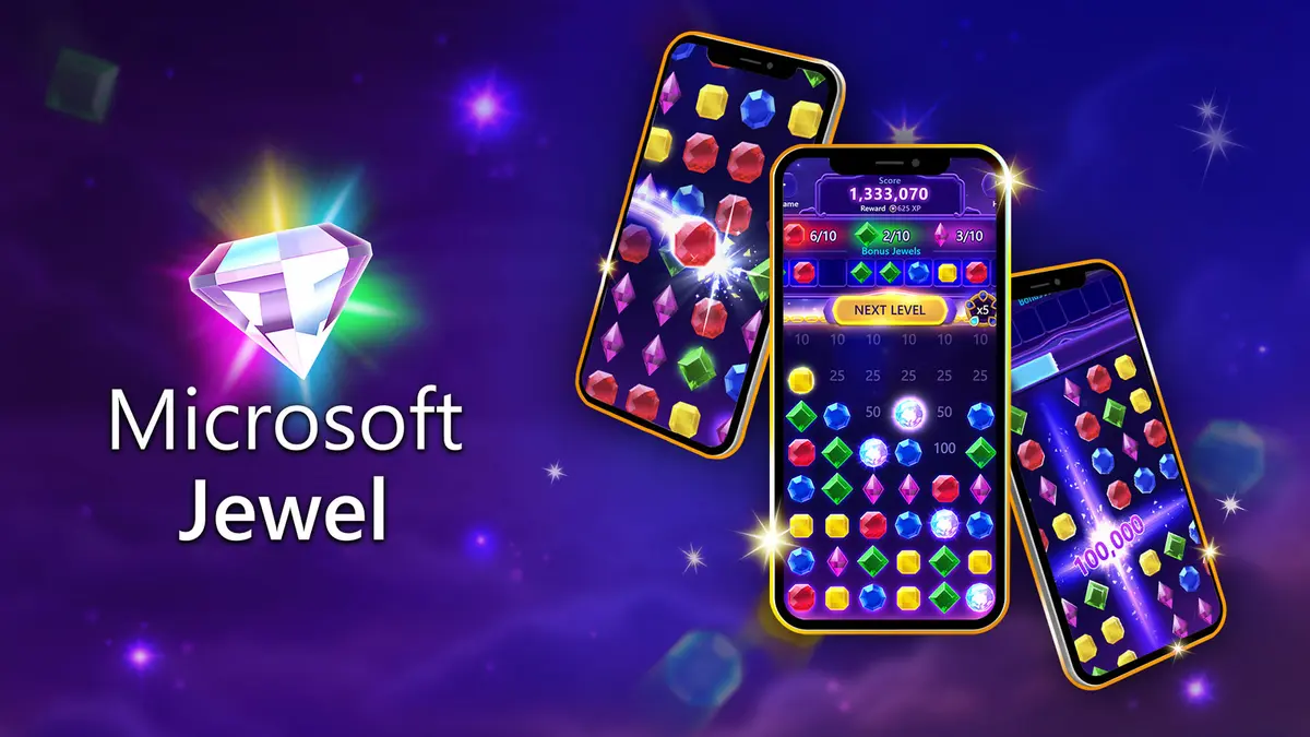 Key art for Microsoft Jewel showing three phones mid-game on a board of red, blue, green and yellow gems against a purple starfield, beside a faceted jewel and the Microsoft Jewel wordmark