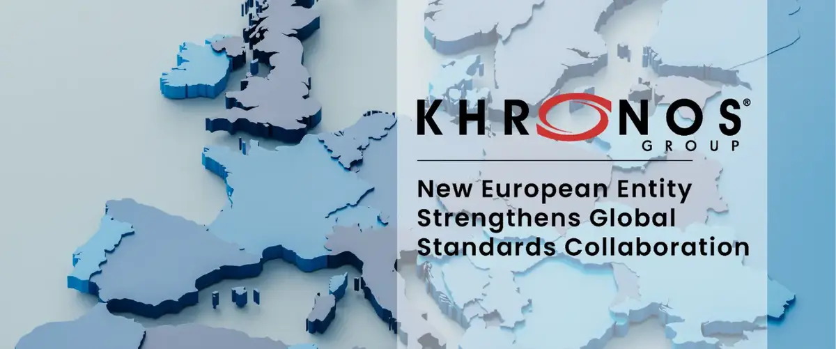 Khronos Group announcement graphic showing a 3D extruded map of Europe next to the Khronos Group logo and the headline 'New European Entity Strengthens Global Standards Collaboration'.