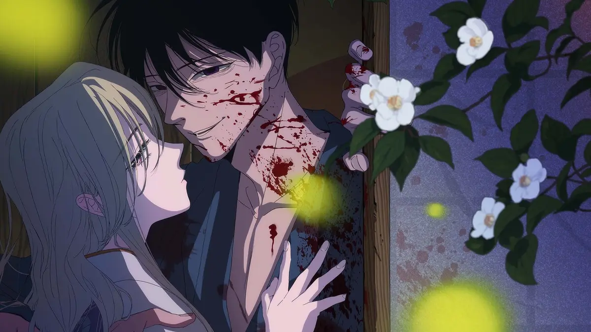 Key art for the anime Firefly Wedding: Shinpei Goto, blood-spattered and smiling, stands close to Satoko Kirigaya beneath yellow firefly light and white camellia blossom.