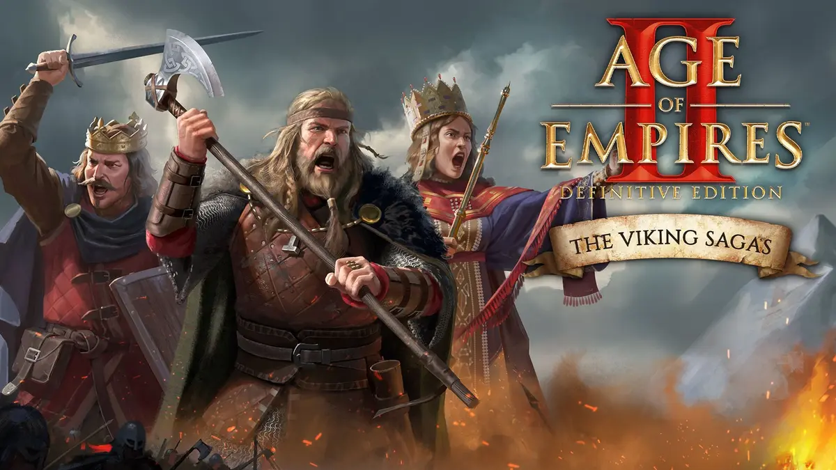 Key art for The Viking Sagas showing three Viking warriors in armour and helms against a stormy sky, with the Age of Empires II Definitive Edition logo and a banner reading The Viking Sagas.