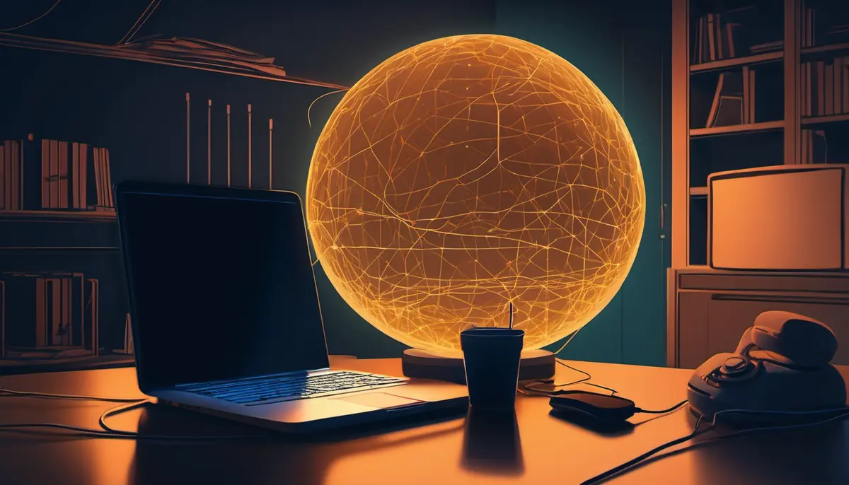 A glowing amber sphere of connected light threads standing on a home desk beside an open laptop