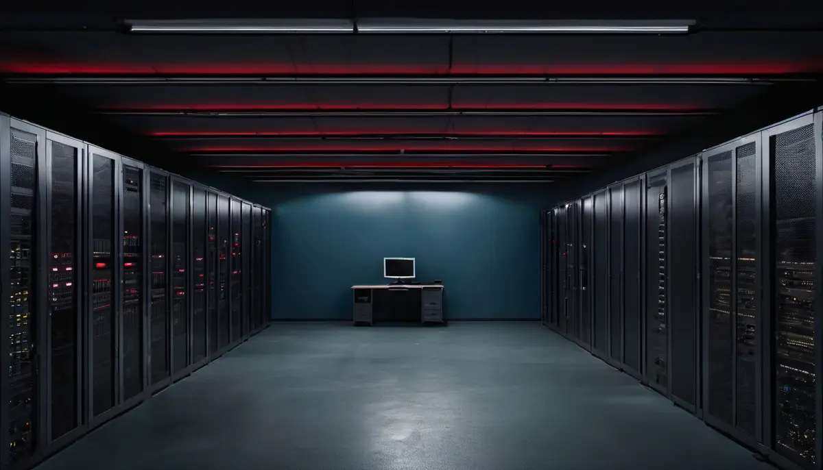 A dark, symmetrical data-centre aisle lined with black server cabinets under red ceiling light strips, with a single desk and monitor at the far end.