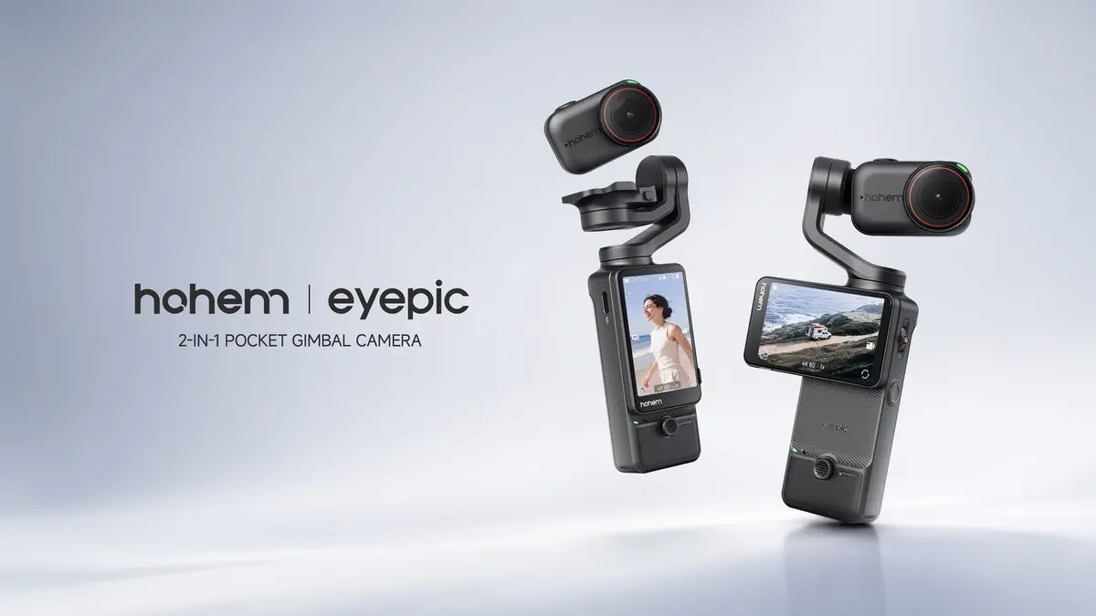 Official Hohem Eyepic product image showing the 2-in-1 pocket gimbal camera with its detachable camera module and handle remote.