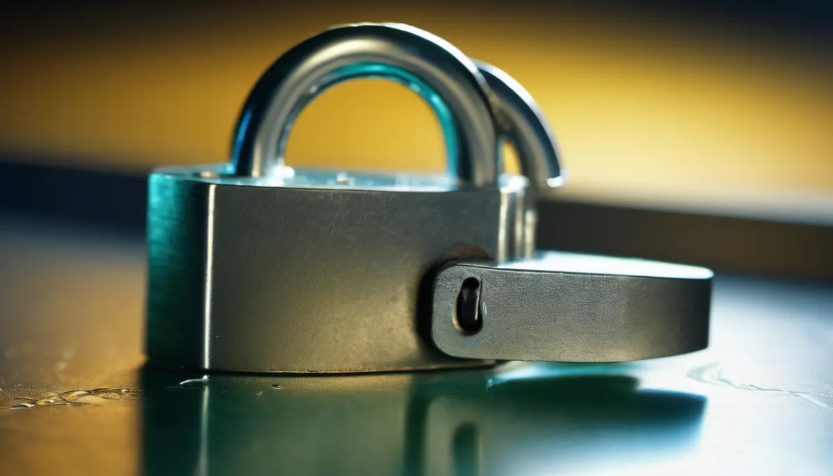 A closed brushed-steel padlock standing upright on a dark reflective surface, lit by warm amber and cool teal light so the shackle catches a bright highlight