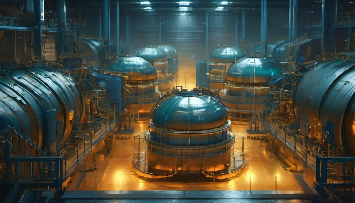An industrial hall of dome-topped steel machinery arranged in rows under cold blue light, with a single machine lit in warm amber at the centre of the floor.