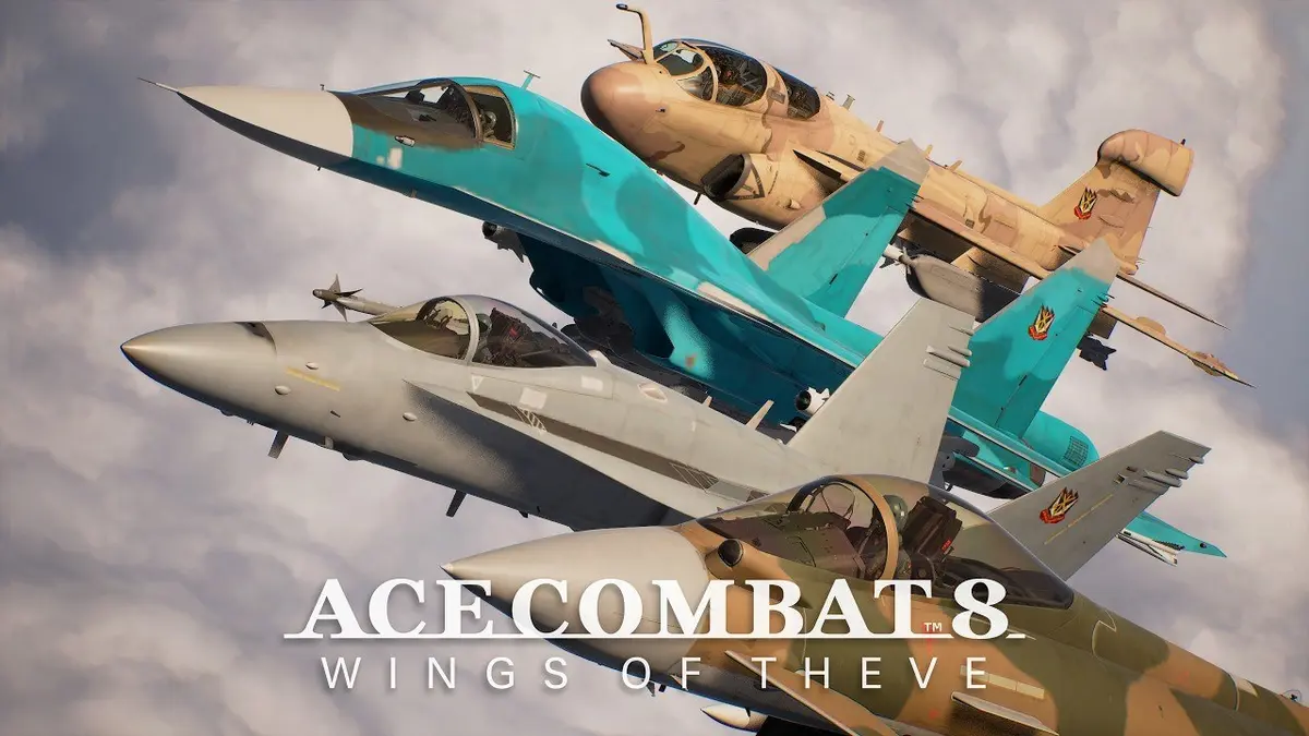 ACE COMBAT 8: WINGS OF THEVE key art showing four fighter jets flying together through the clouds.