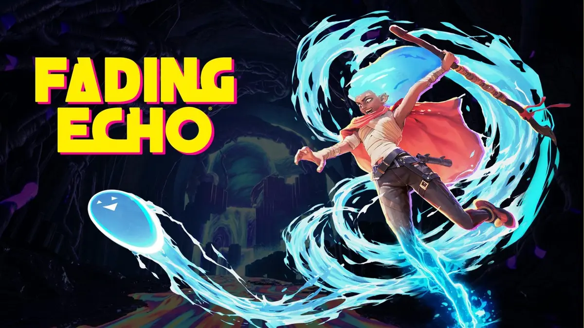 Key art for Fading Echo showing a caped hero swinging a staff trailing a glowing blue water whip beside a smiling blue blob, with the game’s yellow and pink logo at the top left