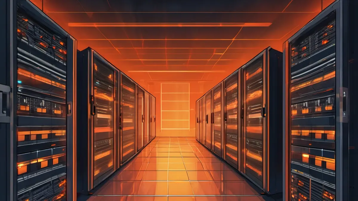 An illustration of a data-centre aisle of server racks lit in orange, looking towards a bright opening at the far end.
