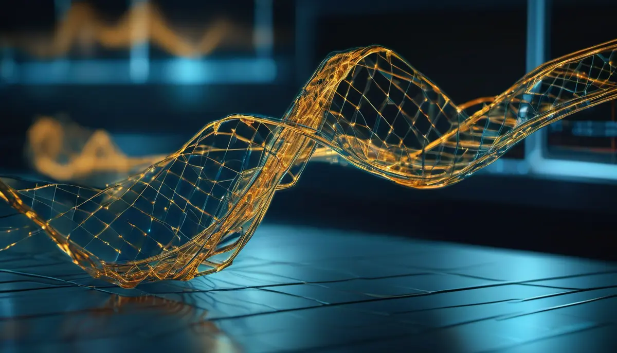 A glowing golden protein ribbon threaded with a lattice of data points, suspended above a dark laboratory surface
