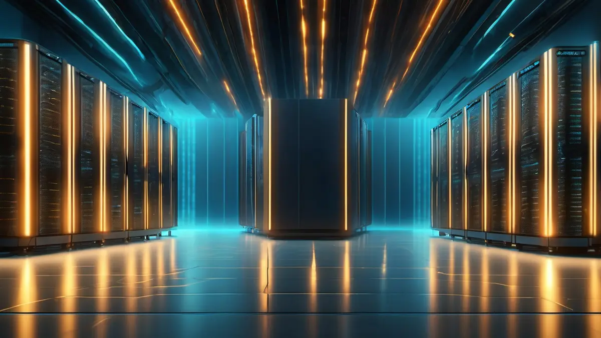 An aisle of tall server racks glowing with amber and cyan light in a dark data centre, a single illuminated cabinet standing at the centre of the frame.