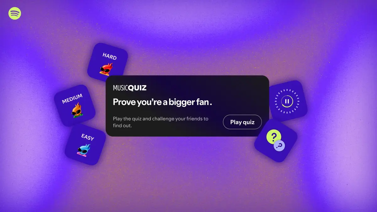 Spotify's Music Quiz artwork, with the Music Quiz logo set over album artwork panels on Spotify's signature colour palette