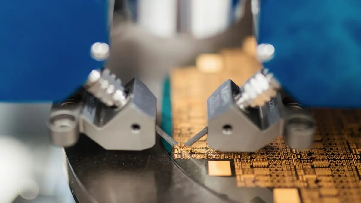 A probe card lowering fine needles onto the surface of a semiconductor wafer in a test laboratory, with the chip pattern lit in gold
