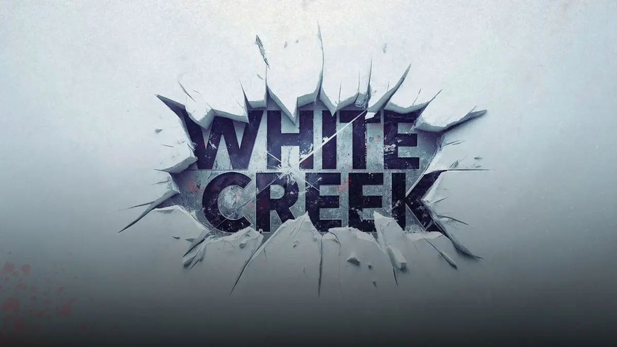 Key artwork for the video game White Creek: the title set in shattered pale ice, with red spatter at the lower edge.