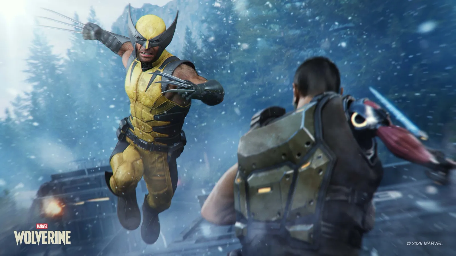Wolverine charges forward with claws extended amid fire and sparks in Marvel’s Wolverine.