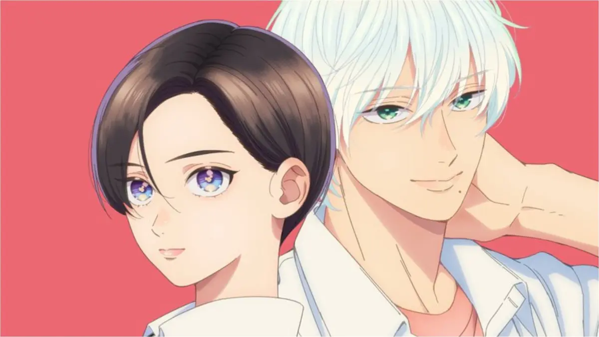 Promotional artwork for In the Clear Moonlit Dusk showing Yoi Takiguchi and Kohaku Ichimura together against a coral-pink background.