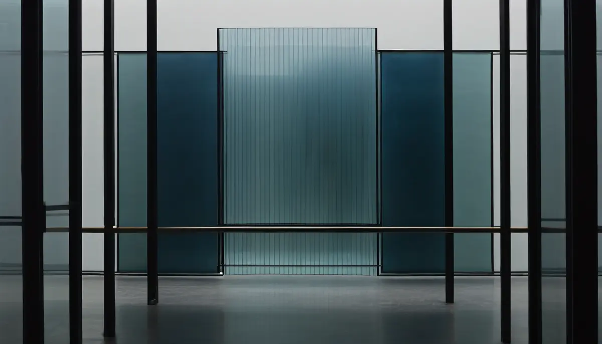 A dark slatted barrier standing in front of a wall of softly glowing blue screen panels, lit from the side in a dark room