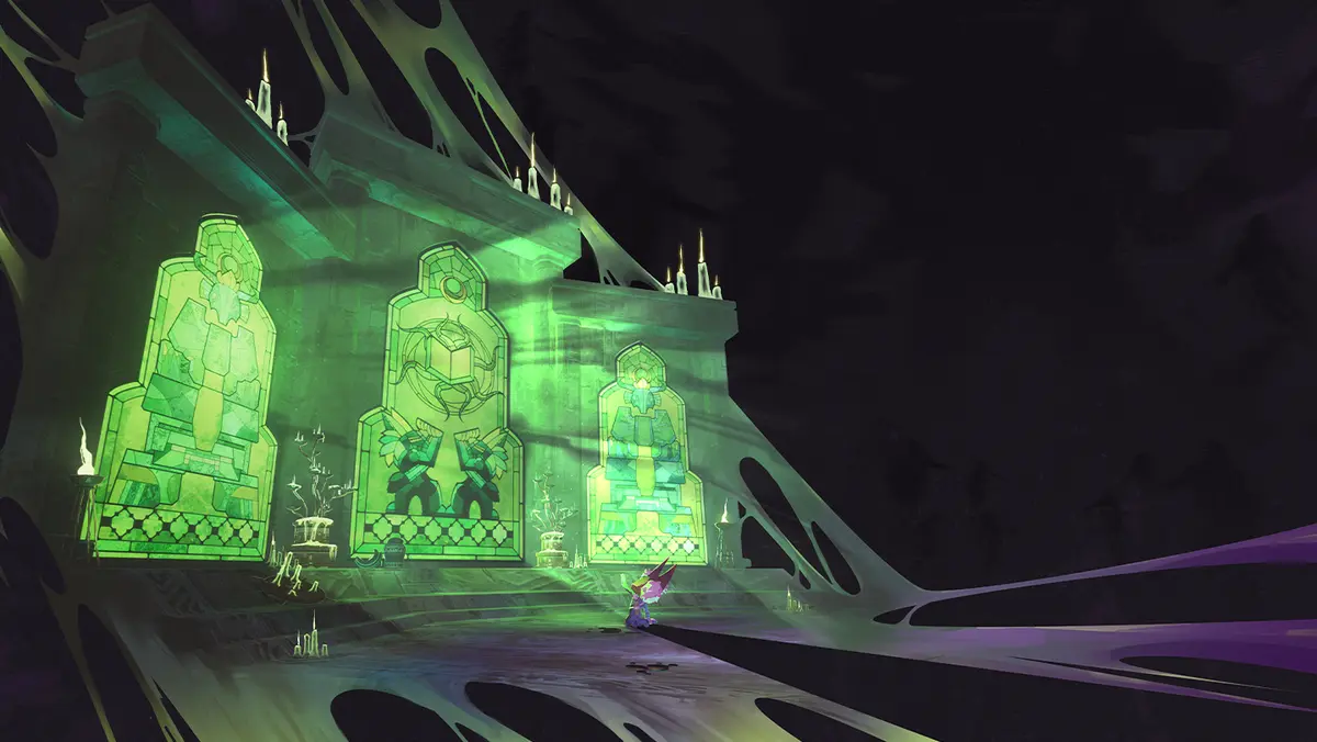 Green runic monuments glow inside a dark, cathedral-like cavern in Risk of Rain 2