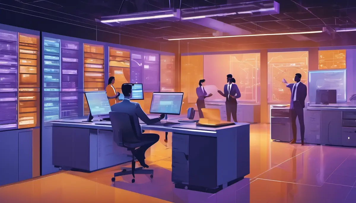 Editorial illustration of enterprise AI agents coordinating workplace systems across cloud infrastructure and business workflows.