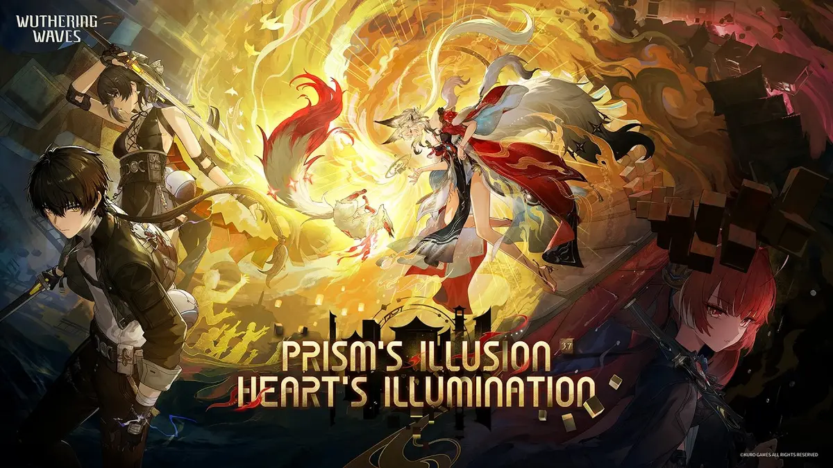 Official Wuthering Waves version 3.7 key art titled Prism's Illusion, Heart's Illumination, showing three Resonators beside a glowing fan of golden light