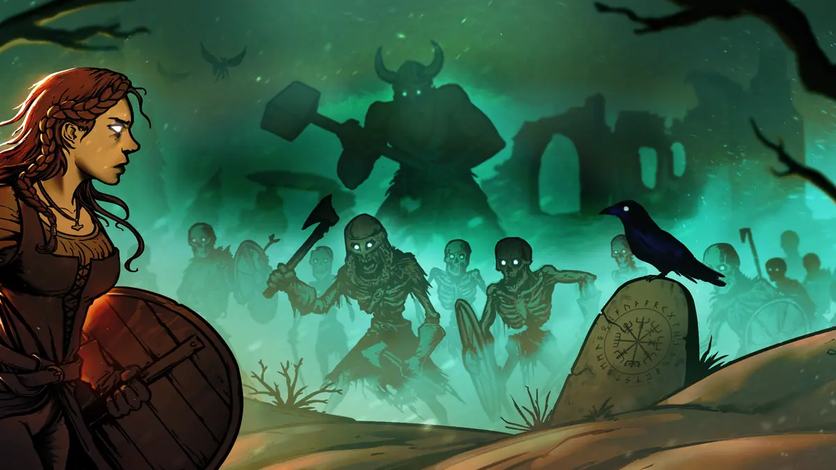 Key art for ALLFATHER: a shieldmaiden with a round shield faces skeleton warriors and a horned giant across a green-lit Norse landscape