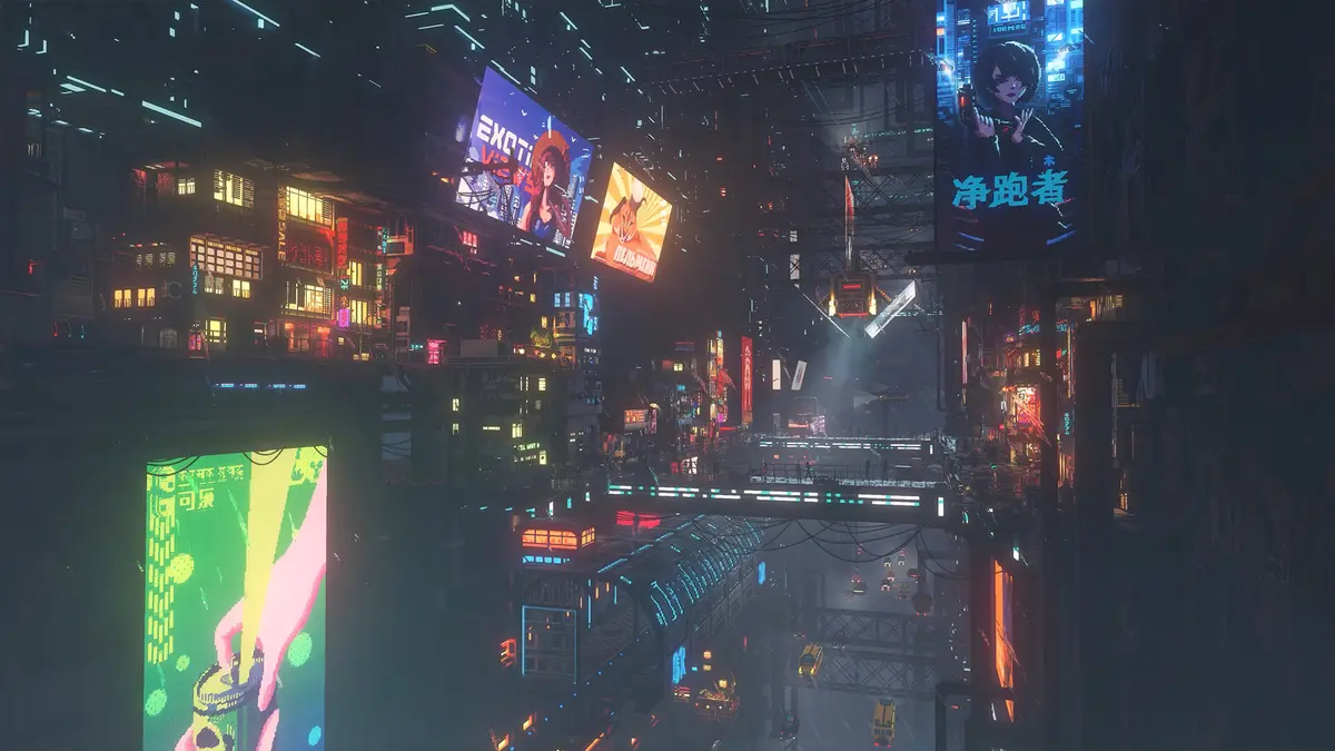 Neon-lit cyberpunk city street at night seen from above, with glowing shop signs, covered walkways and traffic below
