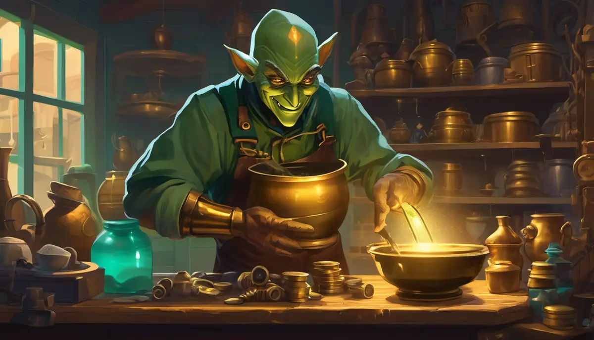 A cheerful goblin sorts trinkets in a cluttered workshop in Trash Goblin.