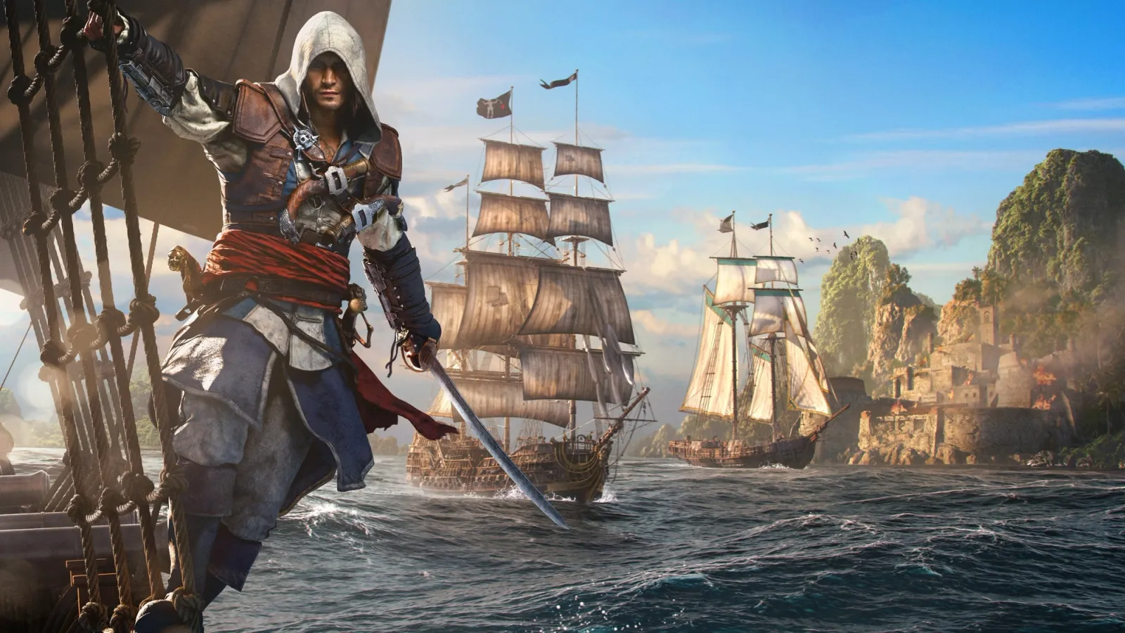 Edward Kenway stands aboard a ship with a fleet and tropical cliffs behind him in Assassin’s Creed: Black Flag Resynced.